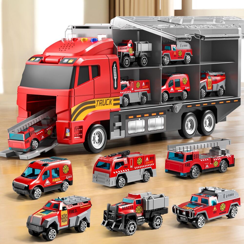 NIPLOOOW Fire Truck Vehicle Set with Play Mat and Toy Cars